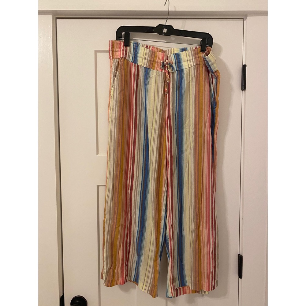 Prana XL Multi Color Striped Wide Leg Pants Smocked Waist Boho Summer Cropped